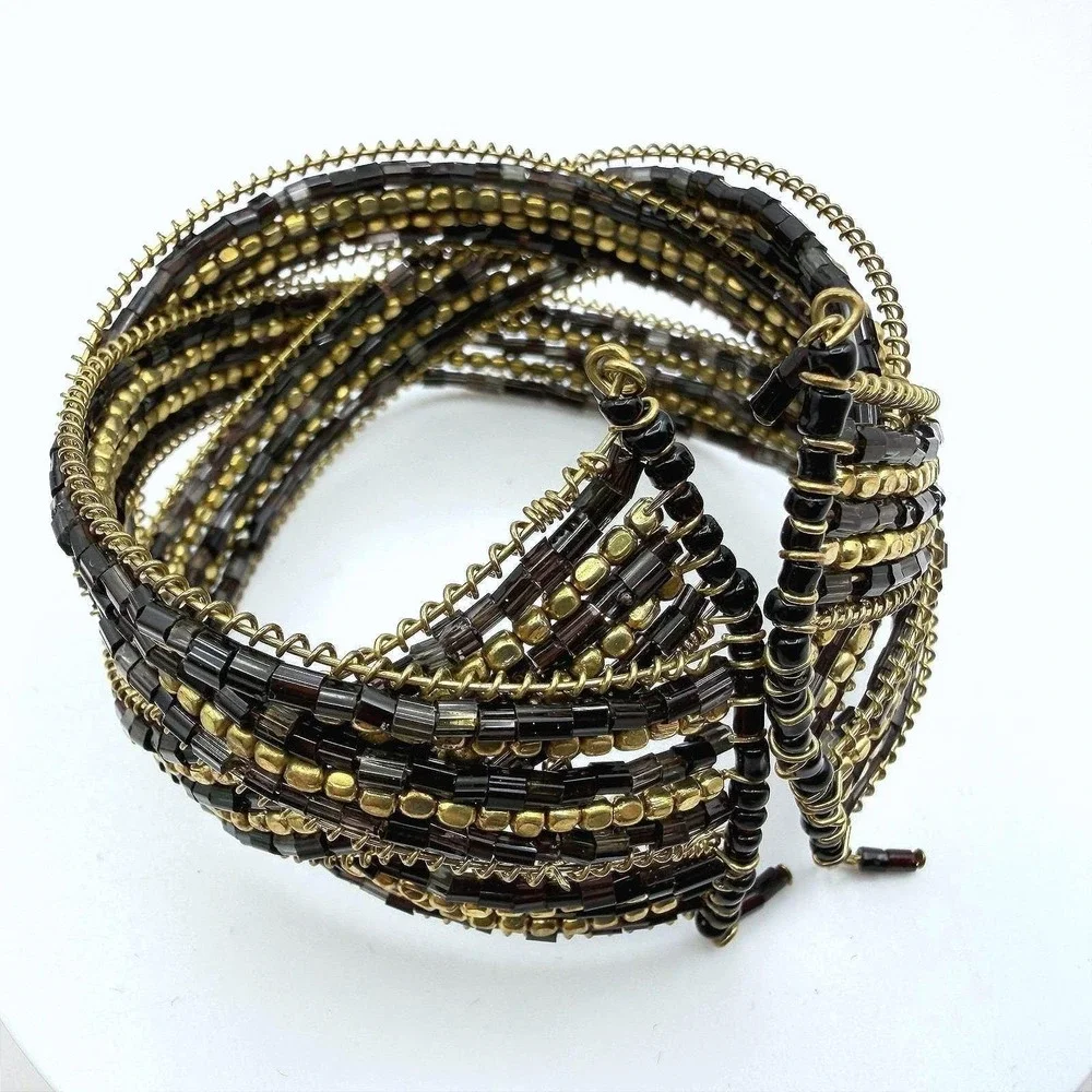 Vintage Cuff Wrap Beaded Braided Bracelet Black Gold Tone‎ Flexible Boho Unisex